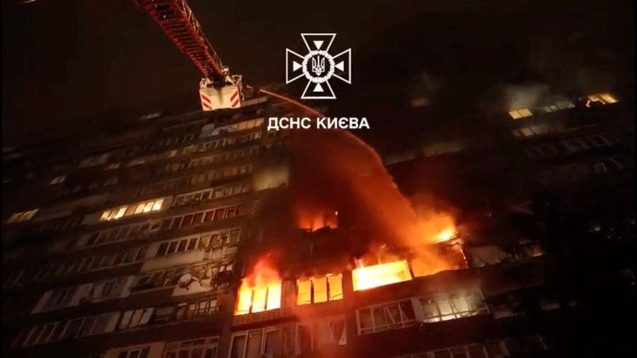 Fires are being extinguised in the aftermath of Russia's strikes, amid Russia's attack in Kyiv, Ukraine in this screen grab obtained from a handout video released October 10, 2025. State Emergency Service Of Ukraine in Kyiv Region/Handout via REUTERS