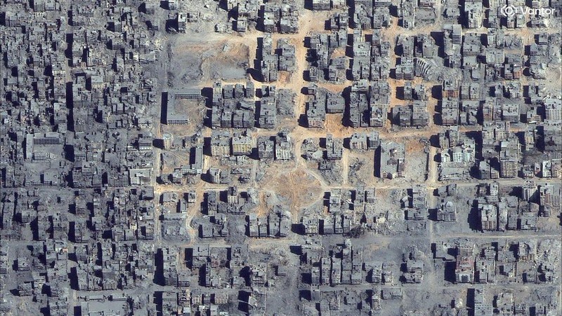 Citra satelit menunjukkan gambaran umum bangunan-bangunan yang hancur di Rafah, 10 Oktober 2025. (via REUTERS/Satellite image ©2025 Vantor)