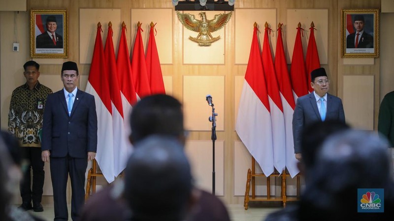 Kepala Bapanas Andi Amran Sulaiman saat acara serah terima jabatan (sertijab) di Kantor Bapanas, Jakarta, Senin (13/10/2025). (CNBC Indonesia/Faisal Rahman)