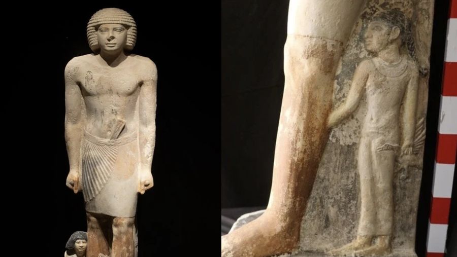 Patung bangsawan Mesir kuno, yang terlihat berdiri dengan jelas, sementara patung wanita yang lebih kecil, mungkin istrinya, sedang memegangi kaki kanannya. (Dok. hawasszahi)