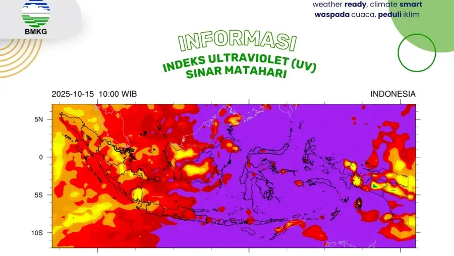 Indeks UV di wilayah Indonesia untuk prediksi pada Rabu (15/10/2025). (Instagram/infobmkg)