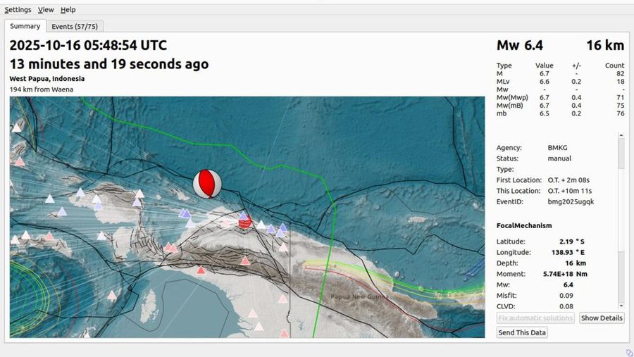 Gempa M6,6 guncang Papua, Kamis (16/10/2025). (Dok. BMKG)
