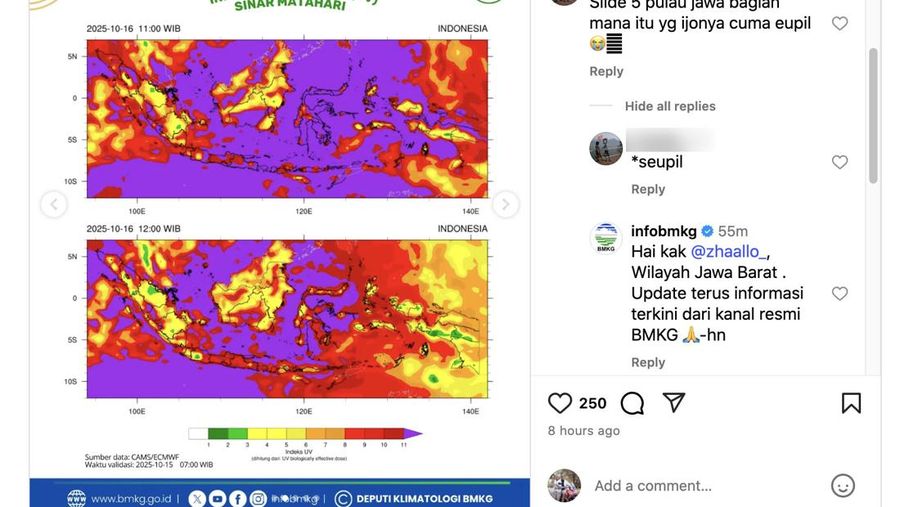 Indeks UV di wilayah Indonesia untuk prediksi tanggal 16 Oktober 2025. (Instagram/infoBMKG)