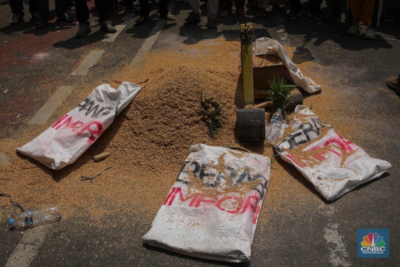 Puluhan anggota Serikat Petani Indonesia (SPI) melakukan aksi unjuk rasa memperingati Hari Pangan Sedunia di kawasan Jalan Medan Merdeka Selatan, Kamis (16/10/2025). Puluhan anggota Serikat Petani Indonesia (SPI) melakukan aksi unjuk rasa memperingati Hari Pangan Sedunia di kawasan Jalan Medan Merdeka Selatan, Kamis (16/10/2025). (CNBC Indonesia/Faisal Rahman)