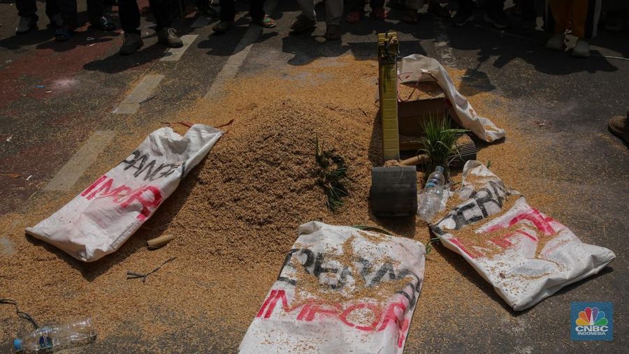 Puluhan anggota Serikat Petani Indonesia (SPI) melakukan aksi unjuk rasa memperingati Hari Pangan Sedunia di kawasan Jalan Medan Merdeka Selatan, Kamis (16/10/2025). Puluhan anggota Serikat Petani Indonesia (SPI) melakukan aksi unjuk rasa memperingati Hari Pangan Sedunia di kawasan Jalan Medan Merdeka Selatan, Kamis (16/10/2025). (CNBC Indonesia/Faisal Rahman)