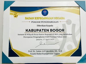 BKPSDM Bogor Sukses Percepat Pengangkatan ASN, Diganjar Penghargaan BKN