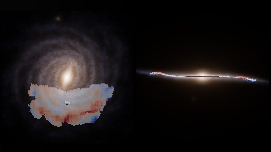 Teleskop luar angkasa Gaia telah mengungkap bahwa galaksi Bima Sakti kita memiliki gelombang raksasa yang beriak keluar dari pusatnya, seperti yang diilustrasikan pada gambar ini. (Dok. ESA/Gaia/DPAC, S. Payne-Wardenaar, E. Poggio et al (2025))