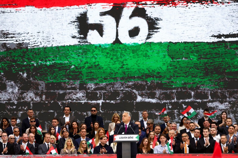 Peringatan 69 tahun Pemberontakan Hongaria 1956 di Budapest, Hungaria, Kamis (23/10/2025). (REUTERS/Marton Monus) Peringatan 69 tahun Pemberontakan Hongaria 1956 di Budapest, Hungaria, Kamis (23/10/2025). (REUTERS/Marton Monus)
