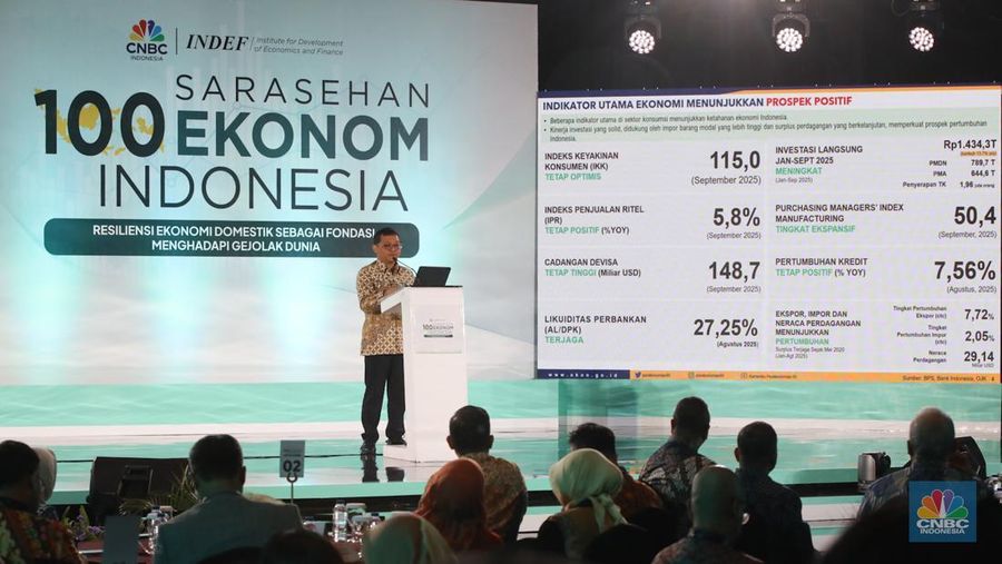 Direktur EKSEKUTIF INDEF, Esther Sri Astuti saat menyampaikan paparan dalam acara Sarasehan 100 Ekonom di Menara Bank Mega, Jakarta, Selasa (28/10/2025). (CNBC Indonesia/Faisal Rahman) Direktur EKSEKUTIF INDEF, Esther Sri Astuti saat menyampaikan paparan dalam acara Sarasehan 100 Ekonom di Menara Bank Mega, Jakarta, Selasa (28/10/2025). (CNBC Indonesia/Faisal Rahman)