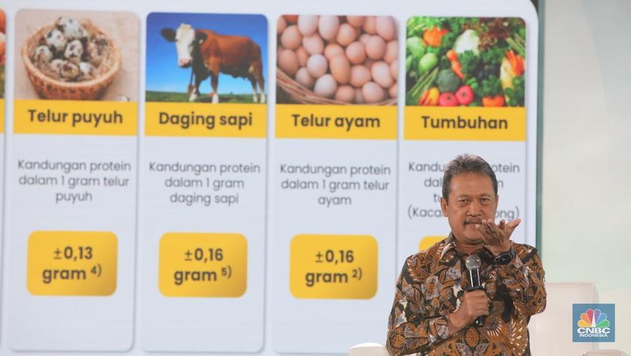 Menteri Kelautan dan Perikanan, Sakti Wahyu Trenggono menyampaikan paparan dalam acara Sarasehan 100 Ekonom di Menara Bank Mega, Jakarta, Selasa (28/10/2025). (CNBC Indonesia/Faisal Rahman)