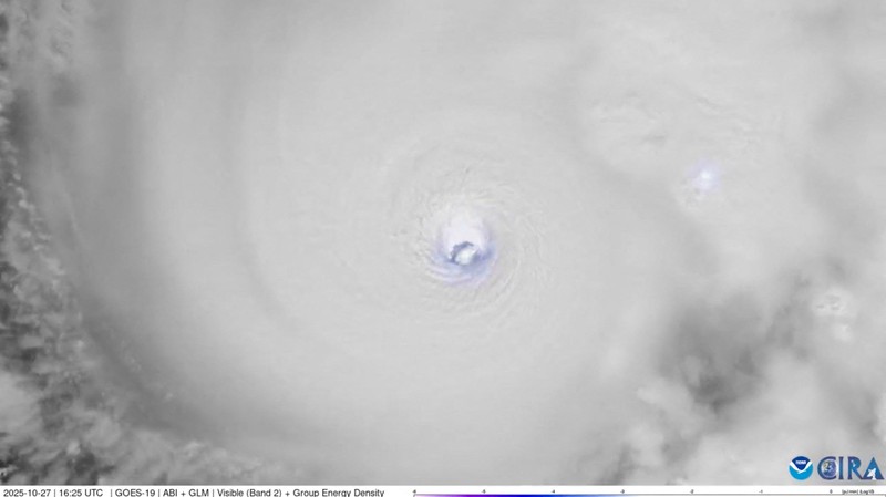 STORM-MELISSA/ Lightning flashes within the eye of Hurricane Melissa over the Caribbean Sea, as seen from space, October 27, 2025, in this screengrab from satellite footage. CSU/CIRA & NOAA/Handout via REUTERS THIS IMAGE HAS BEEN SUPPLIED BY A THIRD PARTY. MANDATORY CREDIT. LABEL FROM SOURCE