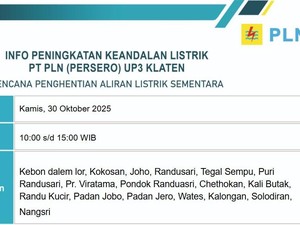 Jadwal Pemadaman Listrik di Klaten Kamis 30 Oktober 2025