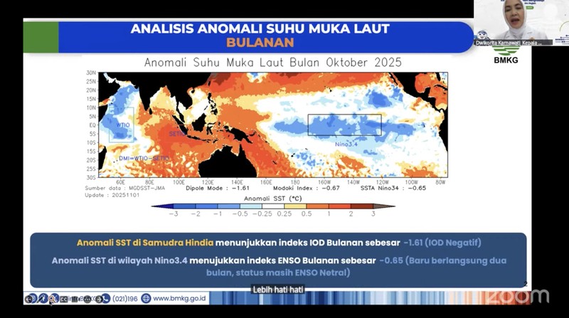 Materi paparan Kepala BMKG, Dwikorita Karnawati dalam konferensi pers Kesiapsiagaan Hadapi Puncak Musim Hujan 2025/2026 pada Sabtu (1/11/2025). (Tangkapan Layar Youtube/Info BMKG)