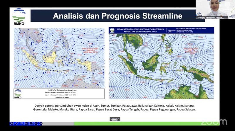 Materi paparan Kepala BMKG, Dwikorita Karnawati dalam konferensi pers Kesiapsiagaan Hadapi Puncak Musim Hujan 2025/2026 pada Sabtu (1/11/2025). (Tangkapan Layar Youtube/Info BMKG)