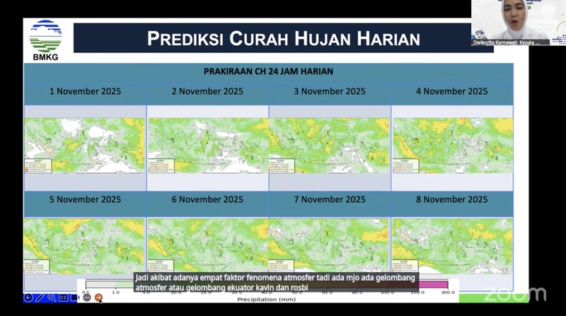 Materi paparan Kepala BMKG, Dwikorita Karnawati dalam konferensi pers Kesiapsiagaan Hadapi Puncak Musim Hujan 2025/2026 pada Sabtu (1/11/2025). (Tangkapan Layar Youtube/Info BMKG)