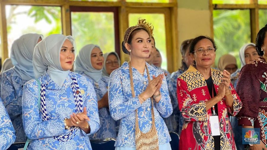 Ibu Wakil Presiden Selvi Gibran Rakabuming melakukan sosialisasi internet sehat pada siswa SD di Manokwari, Papua Barat, Rabu (5/11/2025). (CNBC Indonesia/Halimatus Sa’diyah)