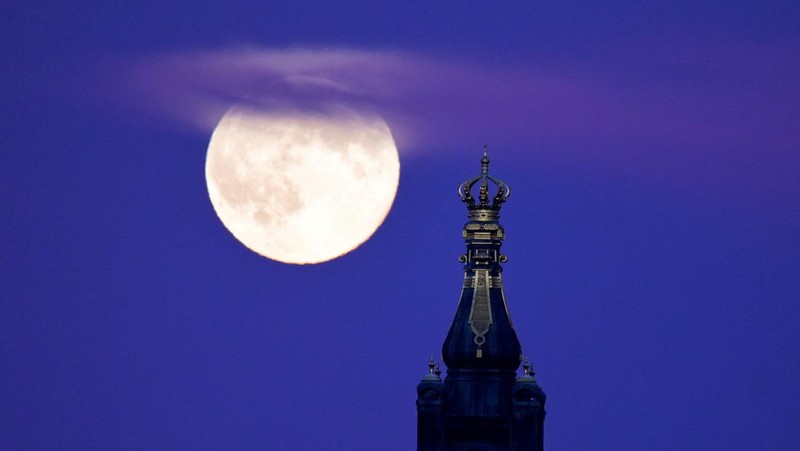 Pesawat melintasi bulan supermoon di Aguimes, Pulau Gran Canaria, Spanyol, 5 November 2025. (REUTERS/Borja Suarez)