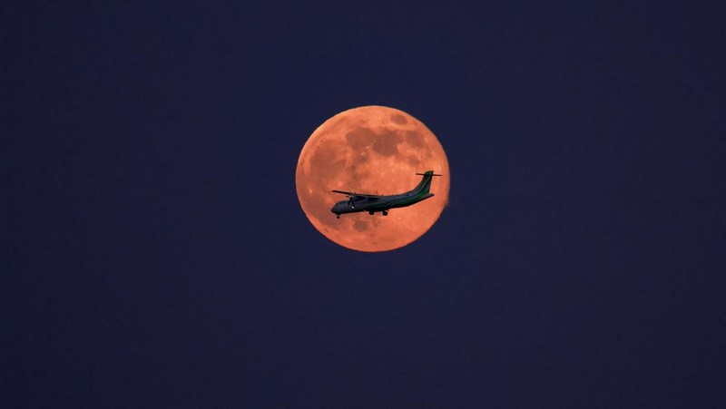 Pesawat melintasi bulan supermoon di Aguimes, Pulau Gran Canaria, Spanyol, 5 November 2025. (REUTERS/Borja Suarez)