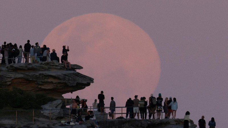 Pesawat melintasi bulan supermoon di Aguimes, Pulau Gran Canaria, Spanyol, 5 November 2025. (REUTERS/Borja Suarez)