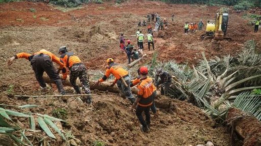 Tim SAR gabungan berupaya mencari korban yang  tertimbun material longsoran di Worksite B-1 lokasi bencana tanah longsor, Desa Cibeunying, Kecamatan Majenang, Kabupaten Cilacap, Jawa Tengah, Jumat (14/11/2025).  (Photo by Bakhtiar RAHMAN / AFP)