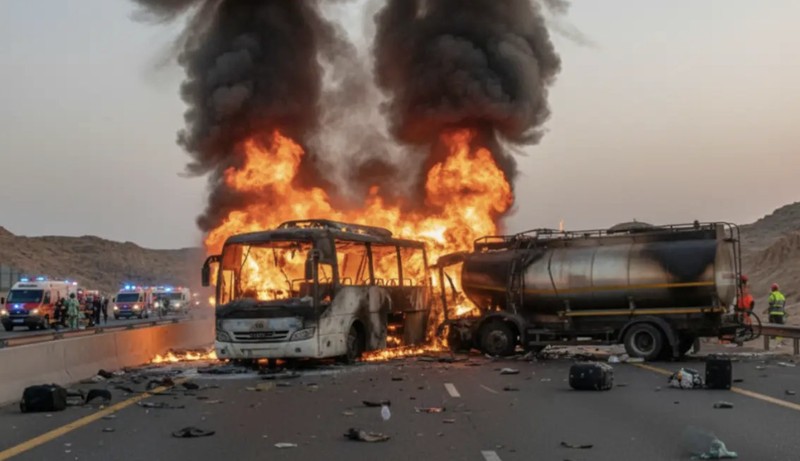 Kecelakaan bus jamaah umrah terjadi di Arab Saudi, Senin (17/11/2025). Sekitar 45 orang tewas dalam peristiwa tersebut. (Tangkapan Layar/X)