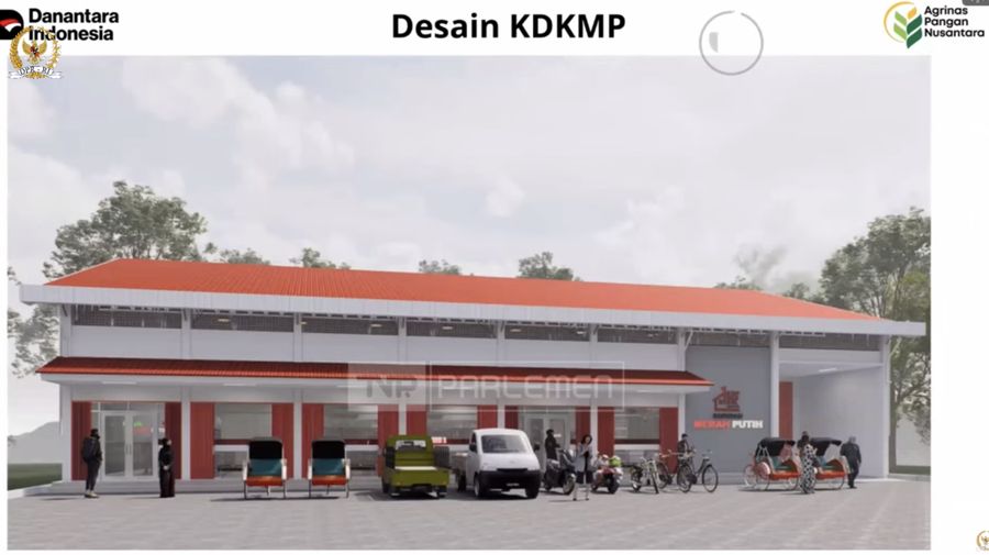 Ilustrasi desain bangunan Koperasi Desa/Kelurahan Merah Putih, sumber: paparan Direktur Utama PT Agrinas Pangan Nusantara (Persero) Joao Angelo De Sousa Mota dalam Rapat Kerja bersama Komisi VI DPR RI, Selasa (18/11/2025), tangkapan layar YouTube TV Parlemen