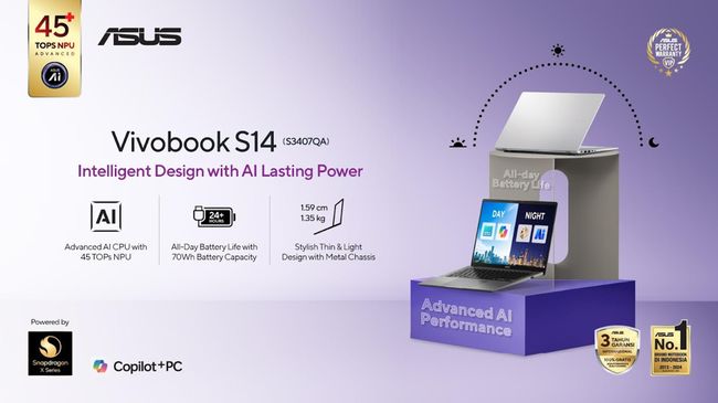 ASUS Vivobook S14 S3407QA, Laptop AI Terbaik dengan Baterai Tahan Lama