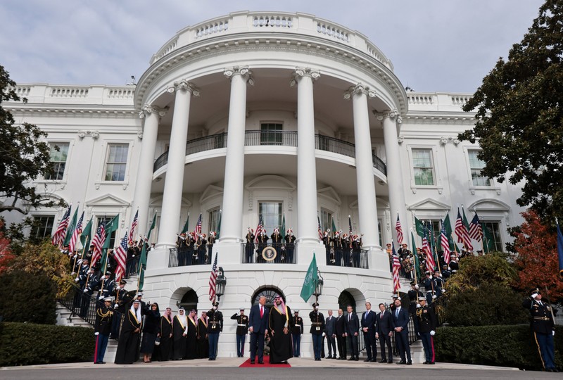 U.S. President Donald Trump and Saudi Crown Prince and Prime Minister Mohammed bin Salman watch a military flyover at the White House in Washington, D.C., U.S., November 18, 2025. REUTERS/Kevin Lamarque     TPX IMAGES OF THE DAY