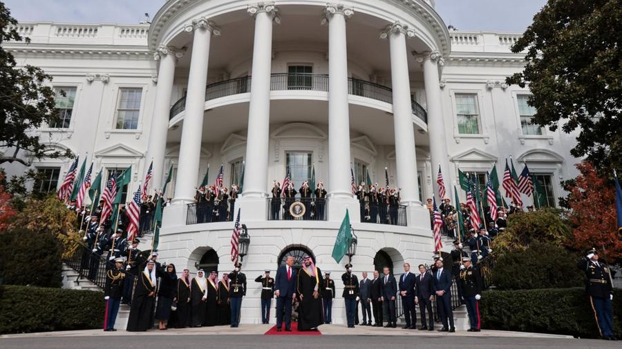 U.S. President Donald Trump and Saudi Crown Prince and Prime Minister Mohammed bin Salman watch a military flyover at the White House in Washington, D.C., U.S., November 18, 2025. REUTERS/Kevin Lamarque     TPX IMAGES OF THE DAY