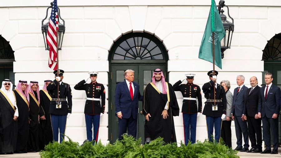 U.S. President Donald Trump and Saudi Crown Prince and Prime Minister Mohammed bin Salman watch a military flyover at the White House in Washington, D.C., U.S., November 18, 2025. REUTERS/Kevin Lamarque     TPX IMAGES OF THE DAY