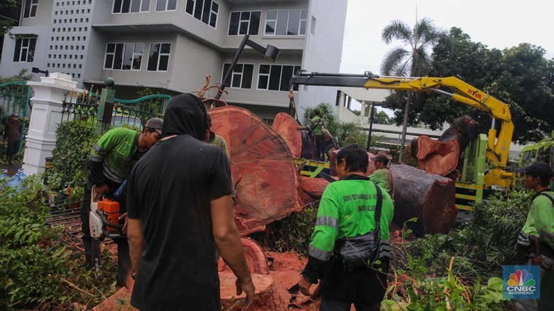 Kondisi atap Lintasan MRT yang mengalami kerusakan usai tertimpa pohon di kawasan Jalan Sisingamangaraja, Jakarta, Kamis (20/11/2025). (CNBC Indonesia/Faisal Rahman)