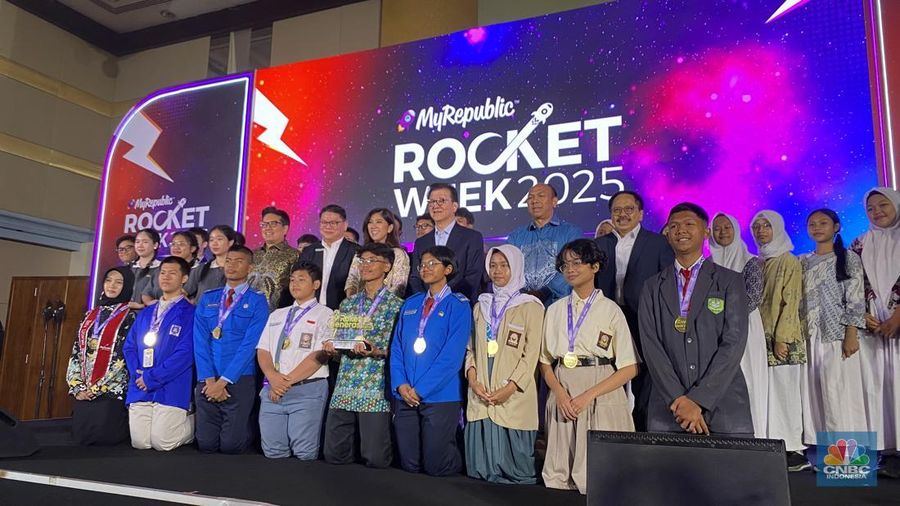Menteri Komunikasi dan Digital Meutya Hafid turut hadir dalam acara MyRepublic Rocket Week 2025 Conference di Jakarta, Jumat (21/11/2025). (CNBC Indonesia/Novina Putri Bestari)