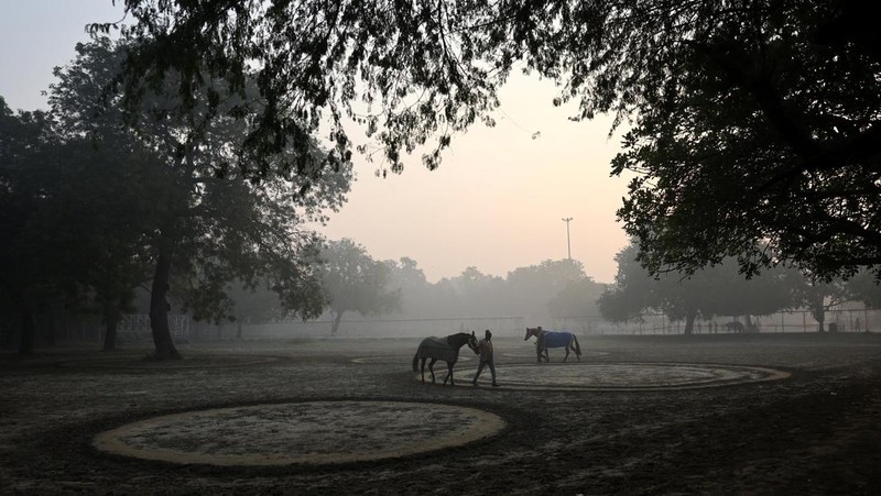 Sebuah pesawat bersiap lepas landas di landasan pacu pada pagi yang berkabut di tengah polusi udara yang terus berlanjut, di New Delhi, India, 25 November 2025. (REUTERS/Anushree Fadnavis)