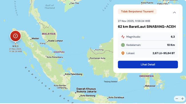 Gempa Besar-Dangkal M6,3 Guncang Aceh, Tidak Berpotensi Tsunami