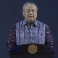 Gubernur Bank Indonesia (BI) Perry Warjiyo saat menyampaikan sambutan dalam acara Pertemuan Tahunan Bank Indonesia (PTBI) Tahun 2025 "Tangguh dan Mandiri: Sinergi Mendorong Pertubuhan Ekonomi Lebih Tinggi dan Berdaya Tahan" di Grha Bhasvara Icchana,