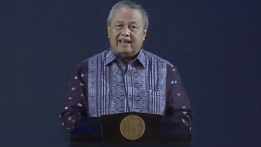 Gubernur Bank Indonesia (BI) Perry Warjiyo saat menyampaikan sambutan dalam acara Pertemuan Tahunan Bank Indonesia (PTBI) Tahun 2025 