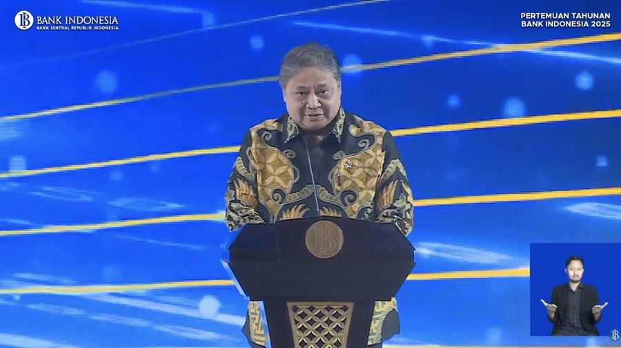 Menko Perekonomian, Airlangga Hartarto saat menyampaikan laporan dalam acara Pertemuan Tahunan Bank Indonesia (PTBI) Tahun 2025 
