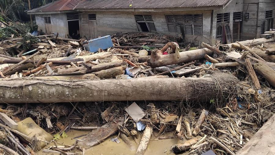 Banjir bandang yang terjadi di wilayah Padang, Sumatera Barat, menghanyutkan kayu gelondongan, Sabtu (29/11/2025). (REUTERS/Arif Nasution)