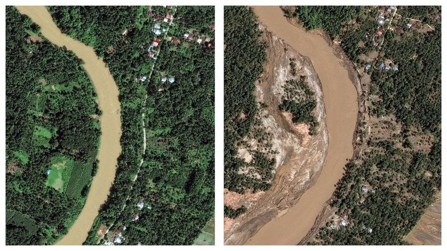 Kondisi Citra satelit sebelum dan sesudah banjir yang mengakibatkan sejumlah sawah terendam, di sungai Peusangan, di Bireuen, Indonesia, 30 November 2025. (Vantor/Handout via REUTERS)