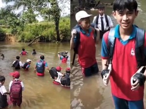 Jembatan Rusak Parah, Siswa Mempawah Terpaksa Arungi Sungai Menuju Sekolah