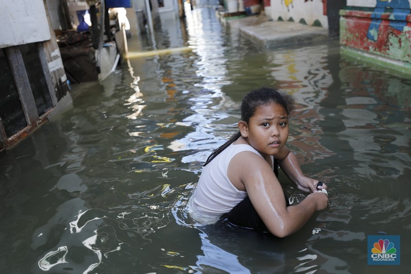 Banjir rob menggenangi wilayah Jalan Dermaga Baru, Kali Adem, Blok Empang, Muara Angke, Jakarta, Jumat (5/12/2025). Meski terendam banjir, warga memilih bertahan di rumahnya masing-masing. (CNBC Indonesia/Tri Susilo)
