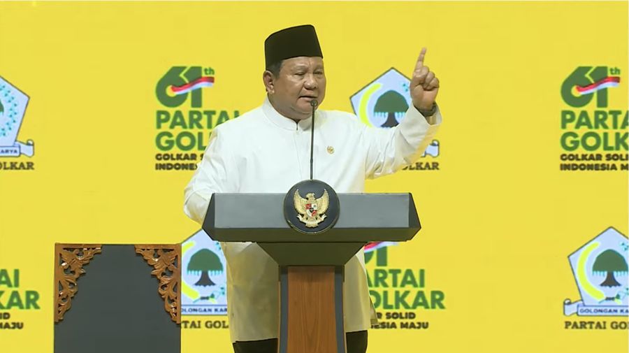 Presiden Prabowo Subianto saat menghadiri HUT ke-61 Partai Golkar. (Tangkapan Layar Youtube/DPP PARTAI GOLKAR OFFICIAL)