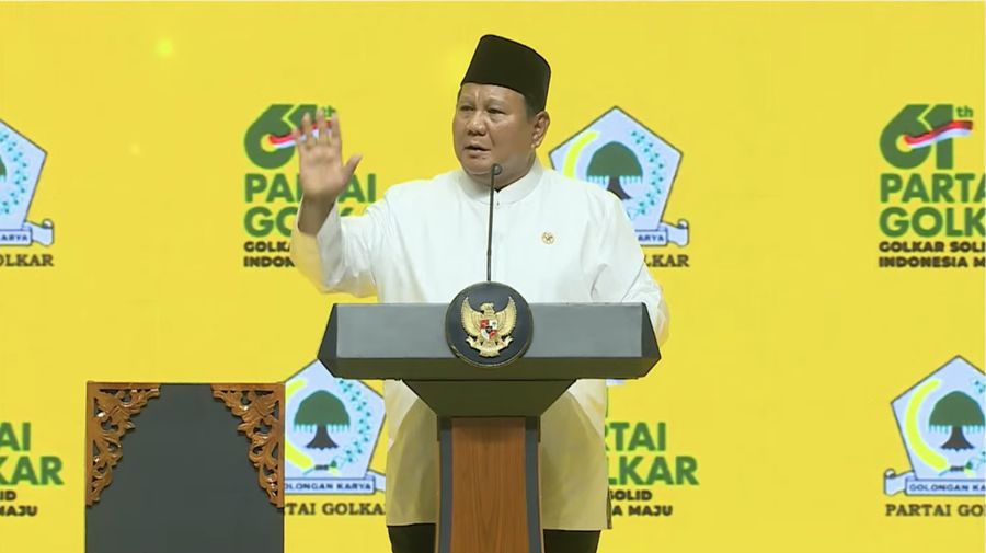 Presiden Prabowo Subianto saat menghadiri HUT ke-61 Partai Golkar. (Tangkapan Layar Youtube/DPP PARTAI GOLKAR OFFICIAL)