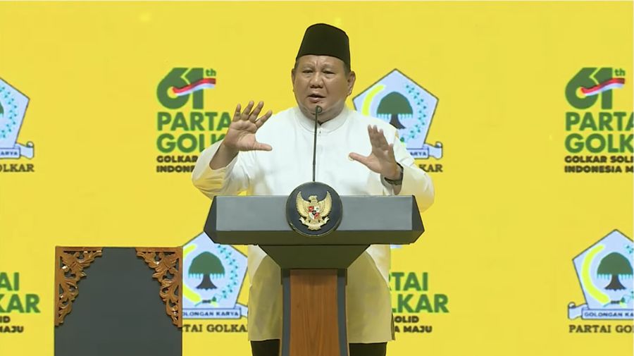 Presiden Prabowo Subianto saat menghadiri HUT ke-61 Partai Golkar. (Tangkapan Layar Youtube/DPP PARTAI GOLKAR OFFICIAL)