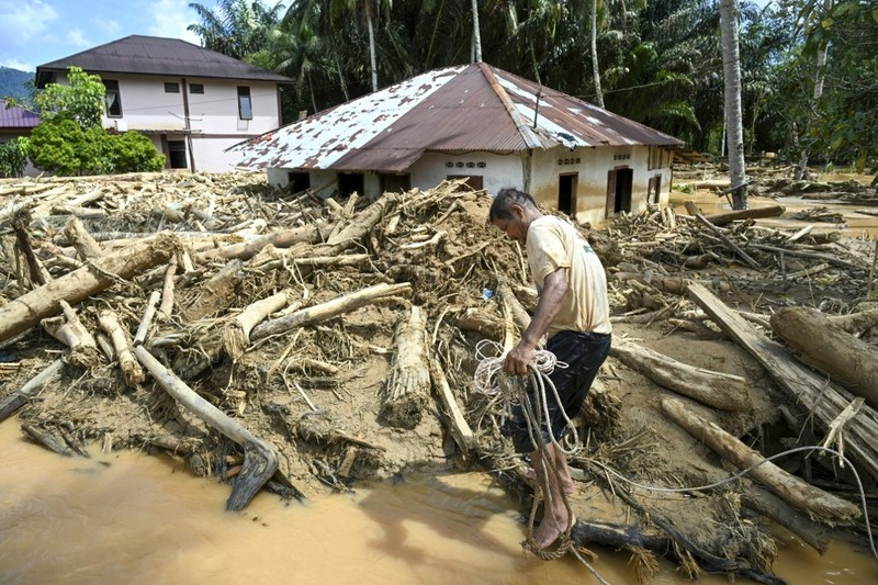 Warga desa menebang kayu-kayu yang hanyut oleh banjir bandang, berniat menggunakannya sebagai material untuk membangun kembali rumah mereka yang rusak di Garoga, Provinsi Sumatera Utara, Kamis (4/12/2025). (YT HARIONO / AFP)