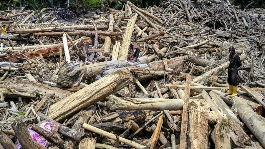 Warga desa menebang kayu-kayu yang hanyut oleh banjir bandang, berniat menggunakannya sebagai material untuk membangun kembali rumah mereka yang rusak di Garoga, Provinsi Sumatera Utara, Kamis (4/12/2025). (YT HARIONO / AFP)