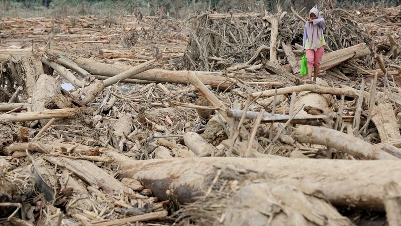 Pemandangan drone menunjukkan sebuah masjid dan sebuah pesantren di daerah yang terkena dampak banjir bandang mematikan setelah hujan lebat di Karang Baru, Kabupaten Aceh Tamiang, Indonesia, 6 Desember 2025. (REUTERS/Ajeng Dinar Ulfiana)