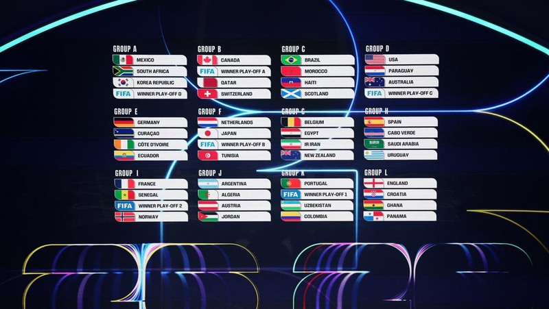 Tampilan umum tim-tim di Pot 1 ditayangkan di panggung selama proses pengundian Piala Dunia FIFA 2026, yang digelar di John F. Kennedy Center for the Performing Arts, Washington, D.C., AS, pada 5 Desember 2025. (REUTERS/Carlos Barria)