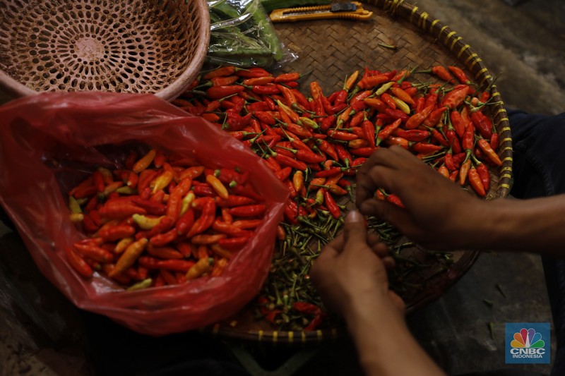 Pedagag menunggu calon pembeli di Pasar Kebayoran Lama, Jakarta, Senin (8/12/2025). (CNBC Indonesia/Tri Susilo)