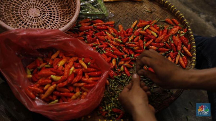 Pedagag menunggu calon pembeli di Pasar Kebayoran Lama, Jakarta, Senin (8/12/2025). (CNBC Indonesia/Tri Susilo)